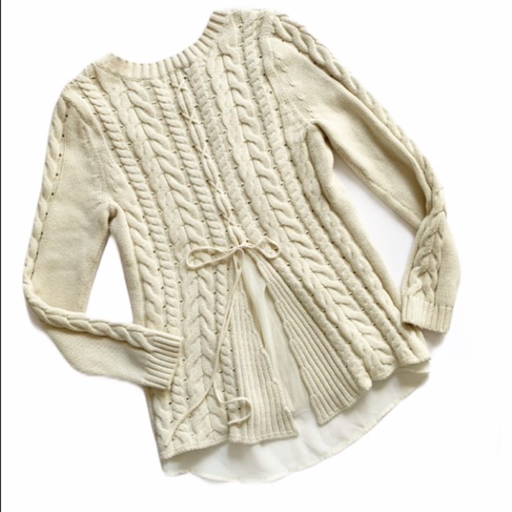 Cabi• cream cable knit lace up sweater style #3157 - Picture 1 of 8
